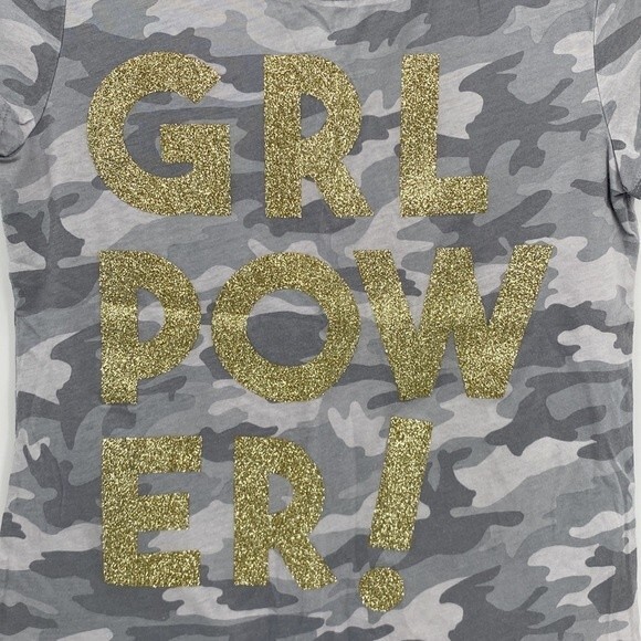 Justice Girls Gray Camo Gold Sparkle GRL POWER! Graphic Short Sleeve Shirt 12 - Picture 2 of 6